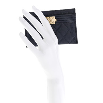 CHANEL Caviar Quilted Boy Card Holder Navy Blue