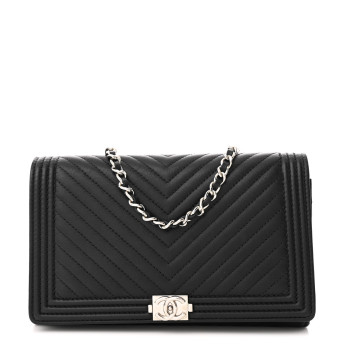 CHANEL Calfskin Chevron Quilted Boy Wallet On Removable Chain WOC Black