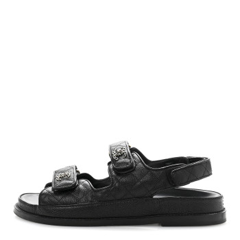 CHANEL Grained Calfskin Velcro Dad Sandals 37.5 Black