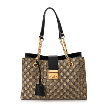 GUCCI GG Supreme Monogram Bees Medium Padlock Tote Beige Oro Black