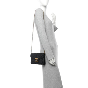 GUCCI Calfskin Matelasse GG Marmont Chain Wallet Black