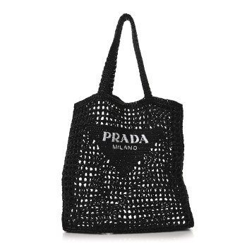 PRADA Yarn Raffia Effect Crochet Logo Embroidered Tote Bag Black