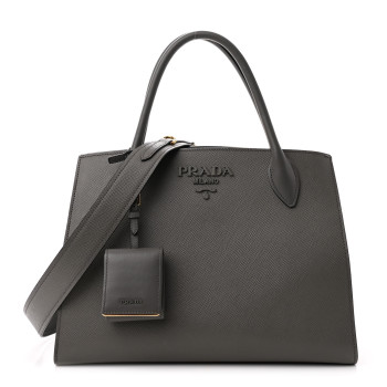 PRADA Saffiano Cuir Calfskin Medium Monochrome Top Handle Tote Ardesia