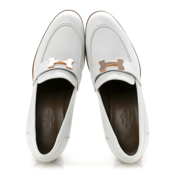 HERMES Calfskin Womens Dauphine 70 Moccasin Loafers 37.5 White