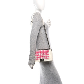 CHANEL Patent Tweed Medium Boy Flap White