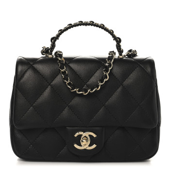 CHANEL Lambskin Quilted Resin Pearl Chain Top Handle Flap Black