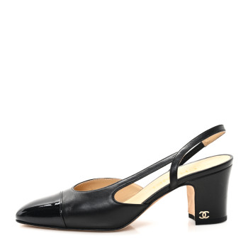 CHANEL Lambskin Patent Cap Toe CC Slingback Pumps 36 Black