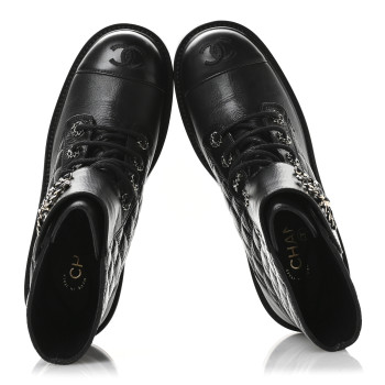 CHANEL Shiny Goatskin Calfskin Quilted Lace Up Combat Boots 39 Black