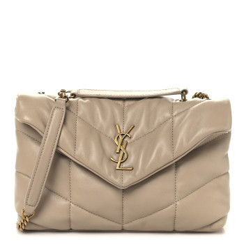 SAINT LAURENT Lambskin Quilted Toy Loulou Puffer Monogram Chain Satchel Dark Beige