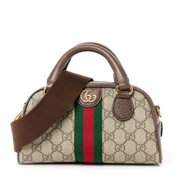 GUCCI GG Supreme Monogram Textured Dollar Calfskin Web Mini Ophidia Top Handle Bowler Bag Beige Ebony New Acero