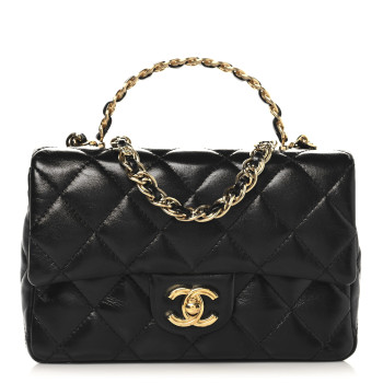 CHANEL Shiny Lambskin Quilted Golden Links Top Handle Flap Black