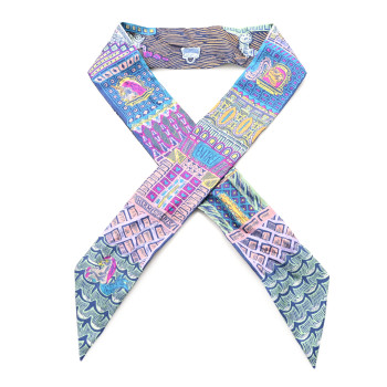 HERMES Silk Super Silk Quest Twilly Bleu Cobalt Rose Jaune