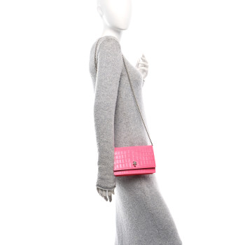 ALEXANDER MCQUEEN Calfskin Crocodile Embossed Skull Mini Crossbody Bag Neon Pink