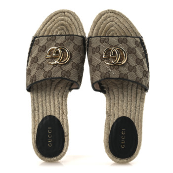 GUCCI Monogram Matelasse GG Marmont Espadrille 20mm Slide Sandals 37.5 Beige Ebony Black