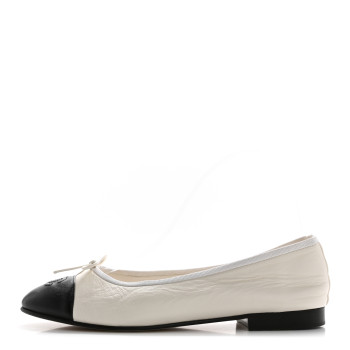 CHANEL Lambskin Cap Toe CC Ballerina Flats 38.5 White Black