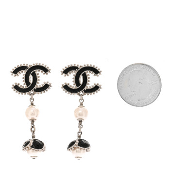 CHANEL Metal Resin Bead Pearl CC Drop Earrings Silver White Black