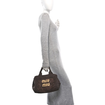 MIU MIU Raffia Crochet Woven Logo Handbag Cacao Naturale
