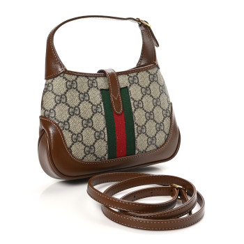 GUCCI GG Supreme Monogram Azalea Calfskin Web Mini Jackie 1961 Hobo Beige Ebony Brown Sugar