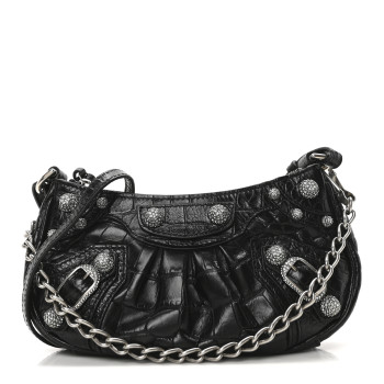 BALENCIAGA Extra Supple Calfskin Crocodile Embossed Crystal Le Cagole Mini Purse With Chain Black