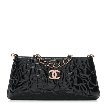 CHANEL Patent Camellia Embossed Pochette Black