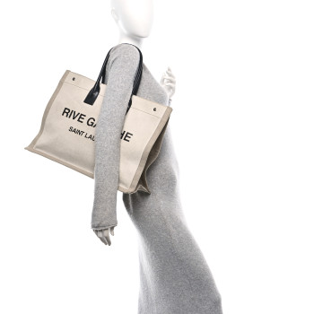 SAINT LAURENT Linen Calfskin Rive Gauche Tote Greggio Natural