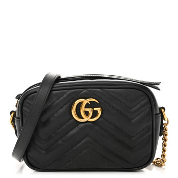 GUCCI Calfskin Matelasse Mini GG Marmont Chain Shoulder Bag Black