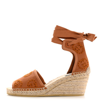 GUCCI Canvas Damita GG Eyelet Espadrille Wedge Sandals 38 Blondie Cognac