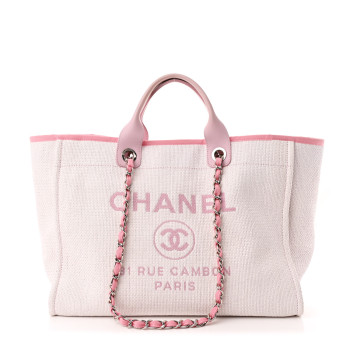 CHANEL Woven Straw Raffia Medium Deauville Tote Pink