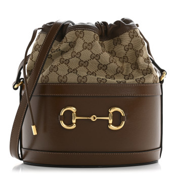 GUCCI Monogram Textured Calfskin Horsebit 1955 Drawstring Bucket Bag Beige Brown Sugar