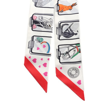 HERMES Silk Story Twilly White Gris Rouge