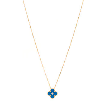 VAN CLEEF & ARPELS 18K Yellow Gold Diamond Celestial Blue Sevres Porcelain Vintage Alhambra Pendant Necklace