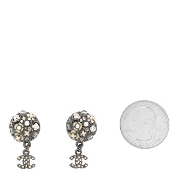 CHANEL Pearl Crystal CC Camellia Cluster Drop Earrings Dark Silver