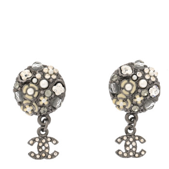 CHANEL Pearl Crystal CC Camellia Cluster Drop Earrings Dark Silver