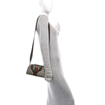 GUCCI GG Supreme Monogram Textured Dollar Calfskin Web Mini Ophidia Top Handle Bowler Bag Beige Ebony New Acero