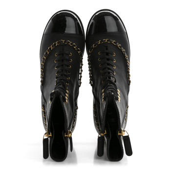 CHANEL Calfskin Chain Lace Up Boots 36.5 Black