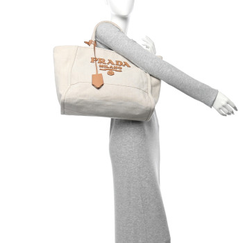 PRADA Linen Vitello Large Logo Tote Natural