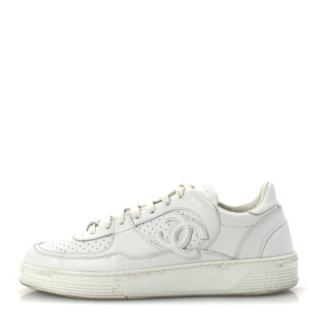 CHANEL Calfskin Womens CC Sneakers 39.5 White