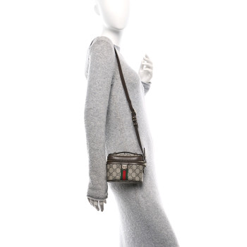GUCCI GG Supreme Monogram Textured Calfskin Web Mini Ophidia Top Handle Bag Beige Ebony New Acero