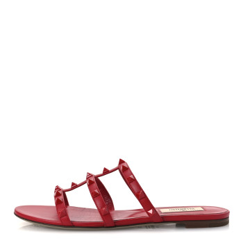 VALENTINO GARAVANI Nappa Lacquered Monochrome Rockstud Caged Flat Slide Sandals 37 Rouge Pur