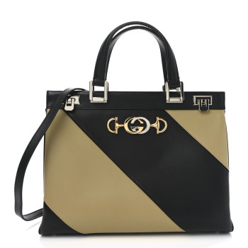 GUCCI Smooth Calfskin Diagonal Striped Medium Zumi Top Handle Bag Black Beige
