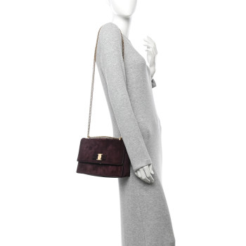 SALVATORE FERRAGAMO Suede Calfskin Vera Bow Crossbody Bag Dark Bordeaux