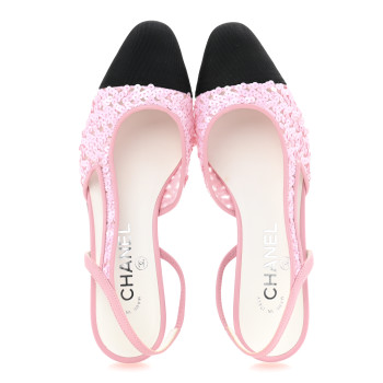 CHANEL Sequins Satin Cap Toe CC Slingback Flat 37 Pink Black