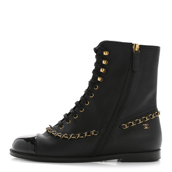 CHANEL Calfskin Chain Lace Up Boots 36.5 Black