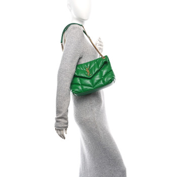 SAINT LAURENT Lambskin Quilted Small Loulou Puffer Monogram Chain Satchel New Vert