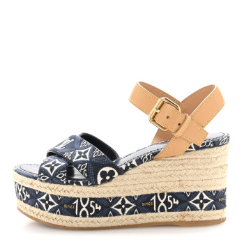 LOUIS VUITTON Jacquard Calfskin Since 1854 Boundary Wedge Sandals 36 Blue
