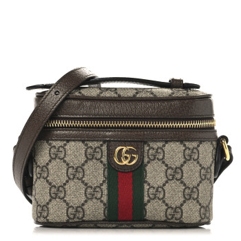 GUCCI GG Supreme Monogram Textured Calfskin Web Mini Ophidia Top Handle Bag Beige Ebony New Acero