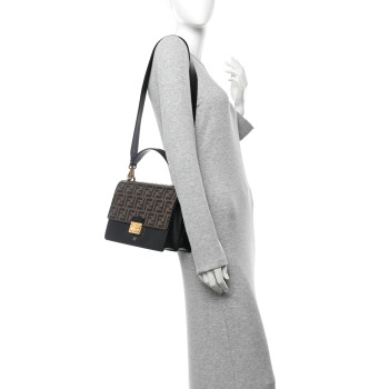 FENDI Vitello Liberty Bi-Color FF 1974 Embossed Chain Strap Kan U Shoulder Bag Black Maya
