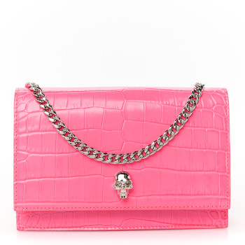ALEXANDER MCQUEEN Calfskin Crocodile Embossed Skull Mini Crossbody Bag Neon Pink