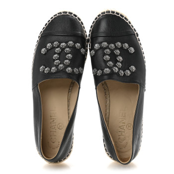 CHANEL Lambskin Camellia CC Stud Espadrilles 39 Black