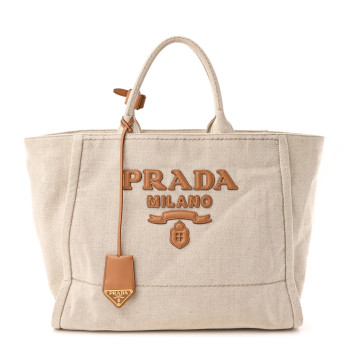 PRADA Linen Vitello Large Logo Tote Natural